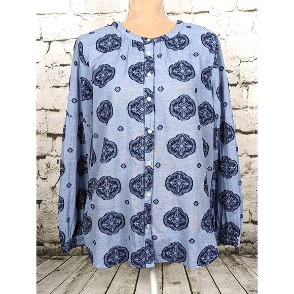 LOFT Boho Peasant Cottage Button-Front Medallion Print Top Blue Size Medium - Picture 3 of 6